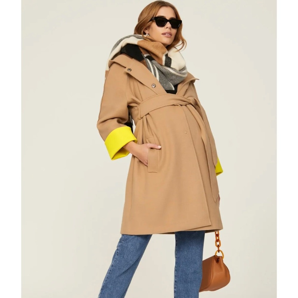 Pietro Brunelli Coat Women Small‎ Tan Yellow Divina Cuff Hooded Belted Maternity